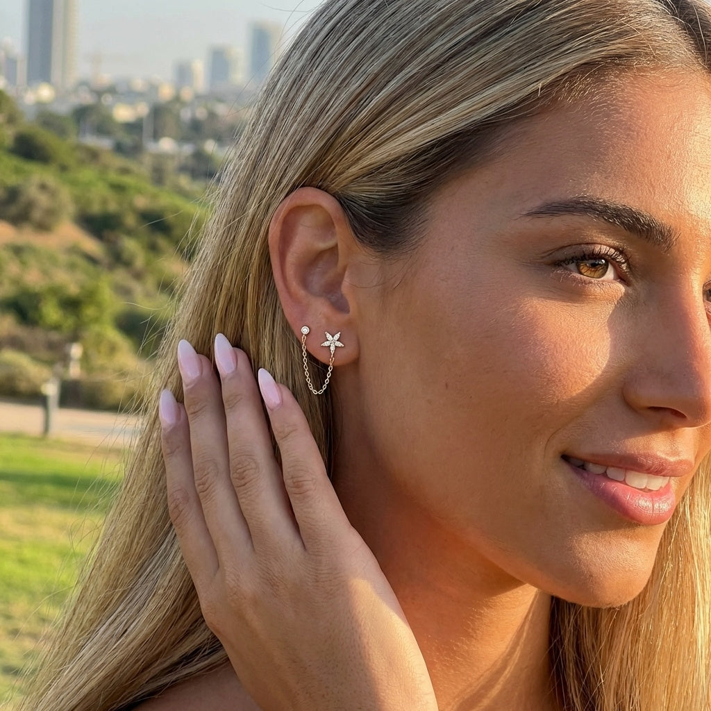 עגילי שני חורים מכסף אמיתי 925 בציפוי זהב 14k