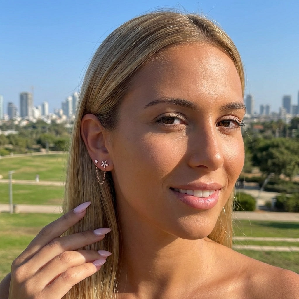 עגילי שני חורים מכסף אמיתי 925 בציפוי זהב אדום 14k