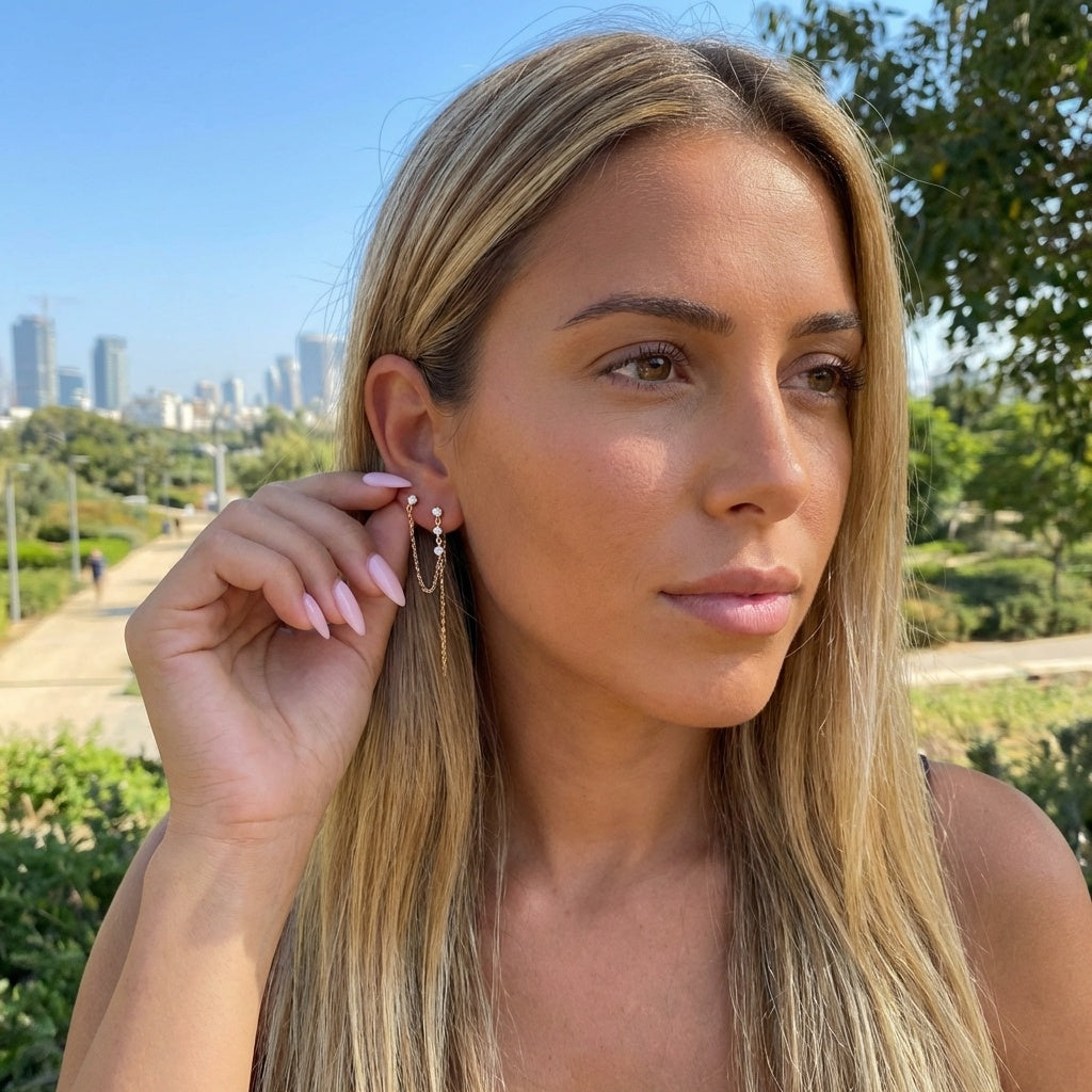 עגילי שני חורים מכסף אמיתי 925 בציפוי זהב 14k