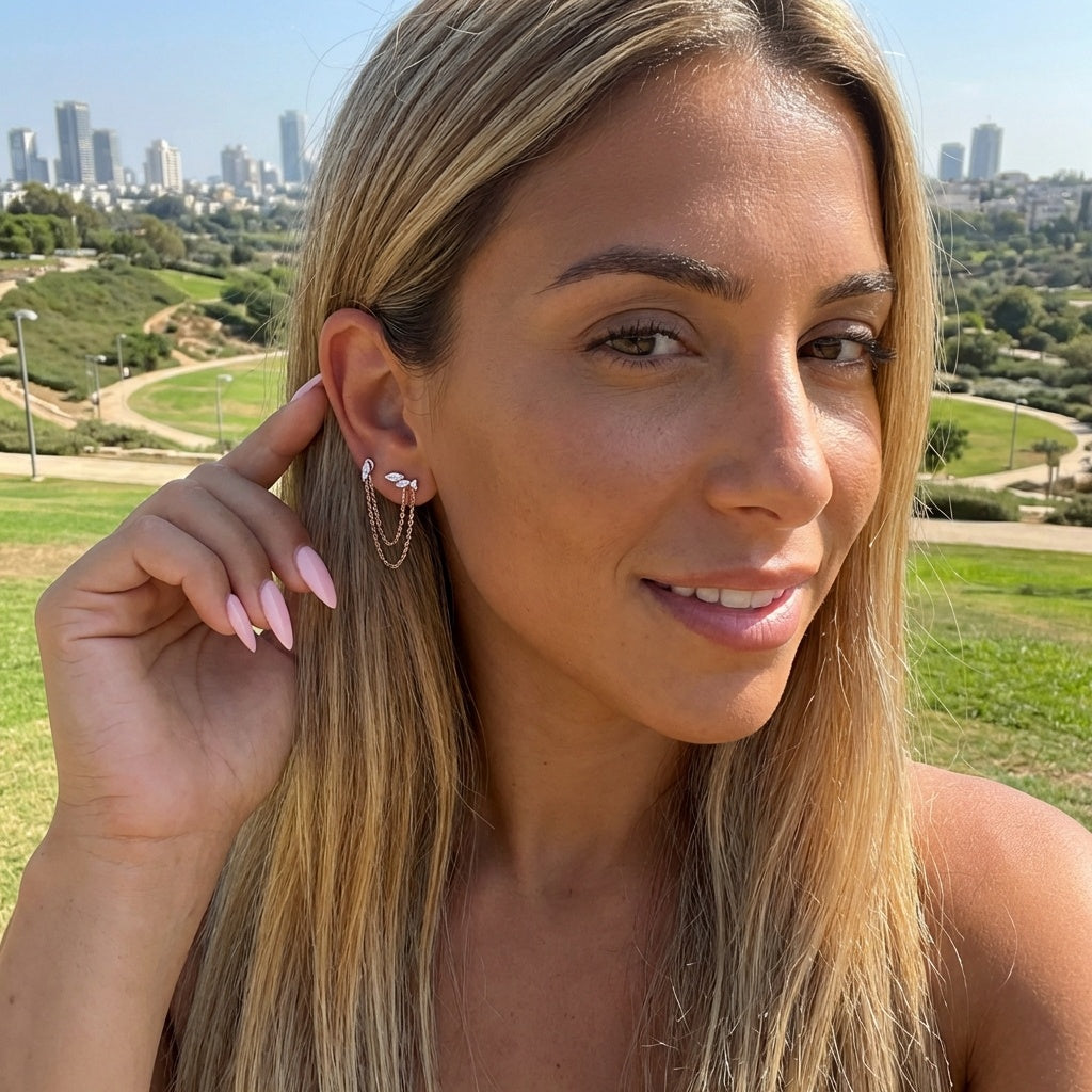 עגילי שני חורים מכסף אמיתי 925 בציפוי זהב אדום 14k