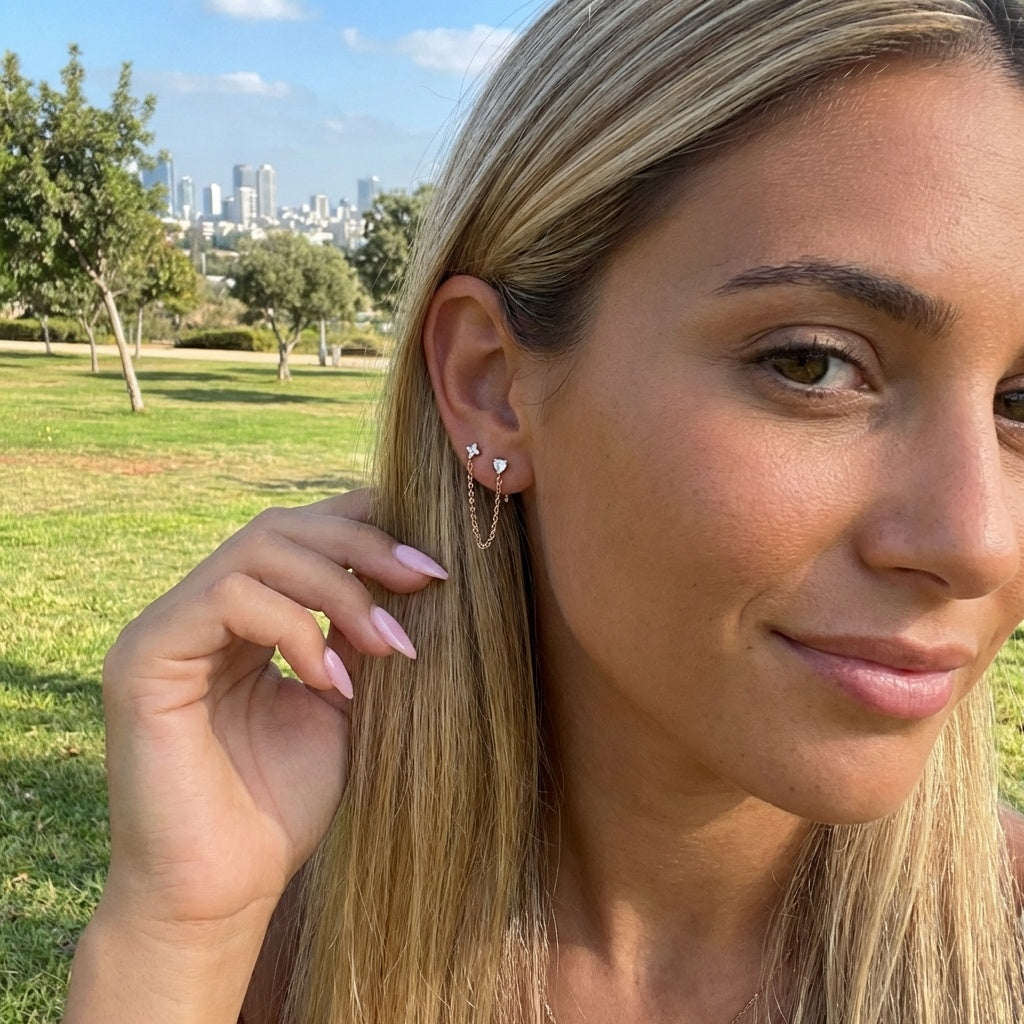 עגילי שני חורים מכסף אמיתי 925 בציפוי זהב אדום 14k